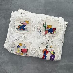 Vintage Latin American Hand Knit Lace Embroidered Large Decorative Blanket